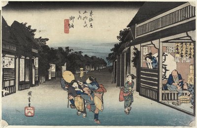 Vrouwen die reizigers verleiden, Goyu, ca. 1833 door Utagawa Hiroshige