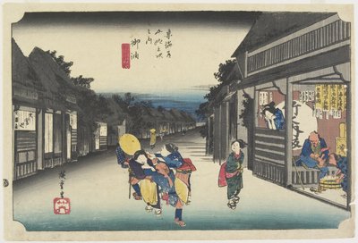 Vrouwen die reizigers benaderen, Goyu, c. 1833 door Utagawa Hiroshige