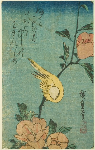 Gele vogel en hibiscus door Utagawa Hiroshige