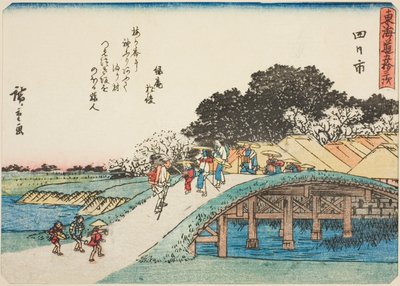 Yokkaichi, uit de serie "Drieënvijftig stations van de Tokaido (Tokaido gojusan tsugi)," ook bekend als de Tokaido met gedicht (Kyoka iri Tokaido) door Utagawa Hiroshige