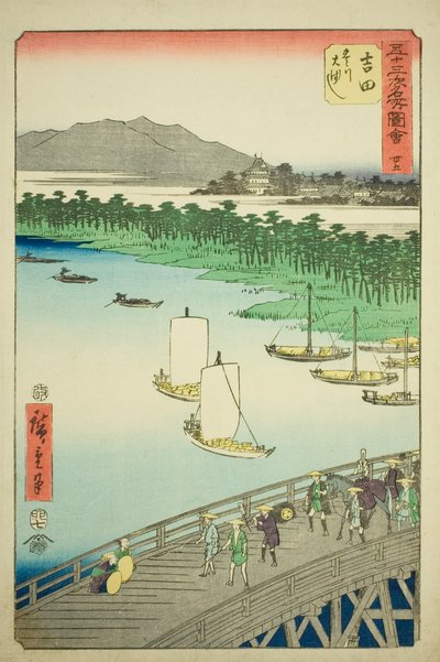 Yoshida: Grote Brug over de Toyo Rivier (Yoshida, Toyokawa ohashi), nr. 35 uit de serie "Beroemde Bezienswaardigheden van de Drieënvijftig Stations (Gojusan tsugi meisho zue)," ook bekend als de Verticale Tokaido door Utagawa Hiroshige