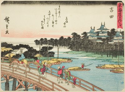 Yoshida, uit de serie "Drieënvijftig Stations van de Tokaido (Tokaido gojusan tsugi)," ook bekend als de Tokaido met Gedicht (Kyoka iri Tokaido) door Utagawa Hiroshige