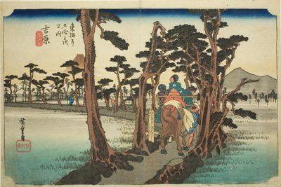 Yoshiwara: Mount Fuji aan de linkerkant (Yoshiwara, hidari Fuji), uit de serie "Drieënvijftig stations van de Tokaido-weg (Tokaido gojusan tsugi no uchi)," ook bekend als de Hoeido Tokaido door Utagawa Hiroshige