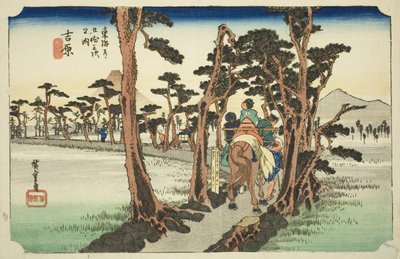 Yoshiwara: Mount Fuji aan de linkerkant, uit de serie "Drieënvijftig stations van de Tokaido-weg" door Utagawa Hiroshige