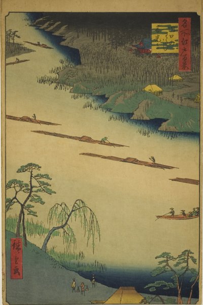 Zenkoji Tempel en de Veerboot bij Kawaguchi (Kawaguchi no watashi Zenkoji), uit de serie "Honderd Beroemde Uitzichten van Edo (Meisho Edo hyakkei)" door Utagawa Hiroshige