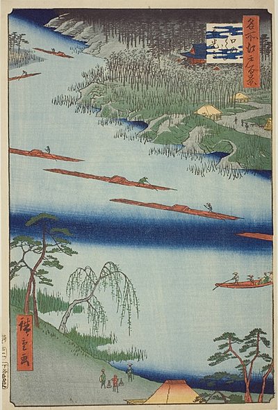 Zenkoji Tempel en de Veerboot bij Kawaguchi (Kawaguchi no watashi Zenkoji) met donkerblauwe streep, nr.20 uit de serie "Honderd beroemde gezichten op Edo (Meisho Edo hyakkei)". door Utagawa Hiroshige