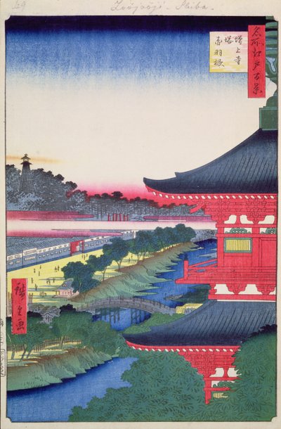 Zojoji Pagode en Akabane uit Honderd beroemde uitzichten van Edo, 1857 door Utagawa Hiroshige