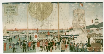 Japanse marine test een heteluchtballon in Tsukiji door Utagawa Hiroshige III