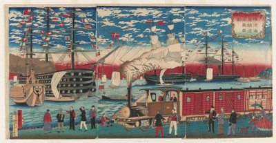 Afbeelding van een locomotief langs de waterkant van Yokohama, Yokohama, Edo periode door Utagawa Hiroshige III