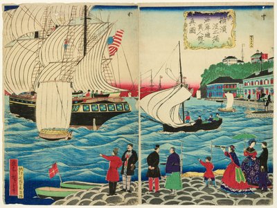 Ware weergave van de buitenlandse gebouwen langs de waterkant gezien vanaf de Yokohama-pieren door Utagawa Hiroshige III