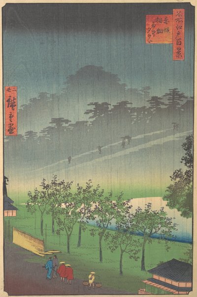 Avondzicht op Kiribata in de regen bij Akasaka door Utagawa Hiroshige II