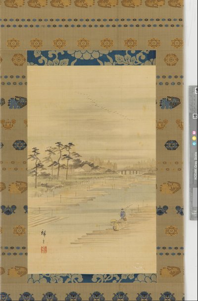 Rivierlandschap: houtwerven en vlotten, midden 19e eeuw door Utagawa Hiroshige II