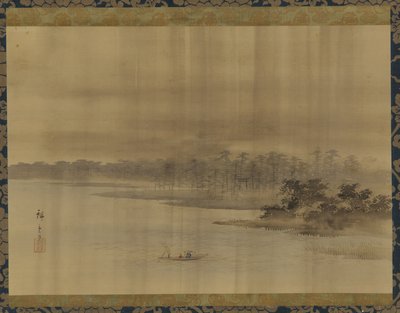 Rivierlandschap en tempel in de regen door Utagawa Hiroshige II