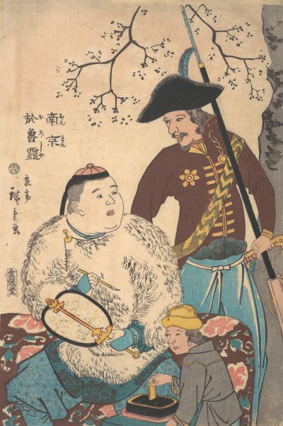 Russen en een Chinees die een waaier beschrijven, 12e maand, 1860 door Utagawa Hiroshige II