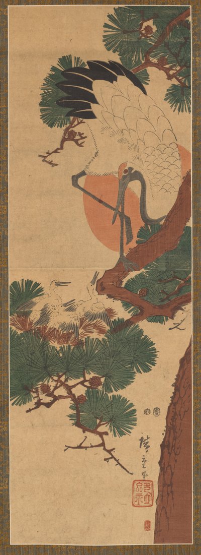 Ooievaar, Zon en Pijnboom door Utagawa Hiroshige II