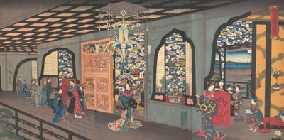 Bovenverdieping van het Gankiro Theehuis in Yokohama, 4e maand, 1860 door Utagawa Hiroshige II