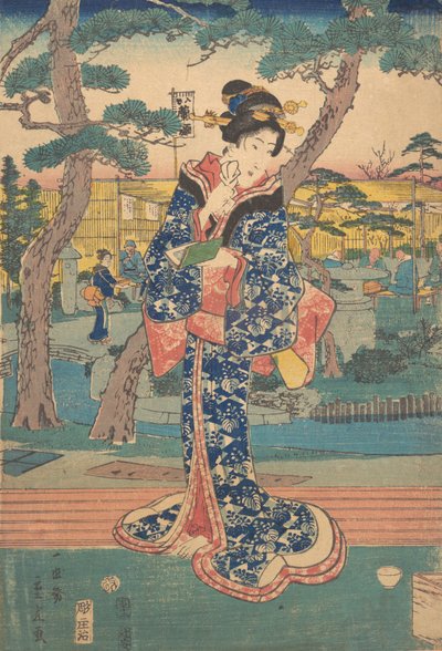 Jong meisje in theehuis in Iriya, midden 19e eeuw door Utagawa Hiroshige II