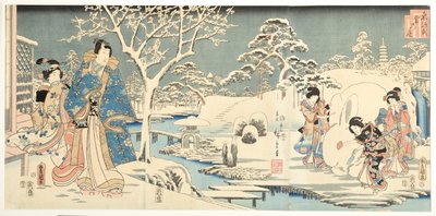 Een Oosterse Genji in een Sneeuwtuin, 1854 door Utagawa Hiroshige and Kunisada