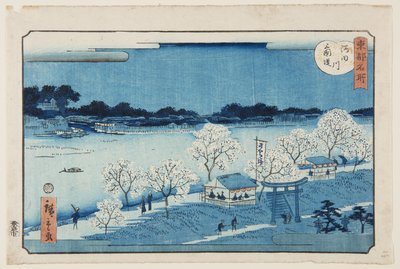 Mimeguri Dijk aan de Sumida Rivier (kleur houtsnede) door Utagawa II Hiroshige
