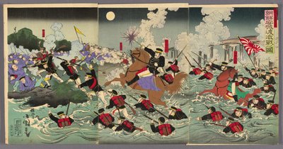 Hevige gevechten bij Anseong Crossing in Korea (Chosen Anjo watashi no gekisen no zu) door Utagawa Kokunimasa