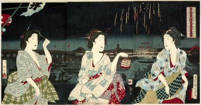 Genietend van het avondbriesje tijdens het vuurwerk te Ryogoku door Utagawa Kunichika