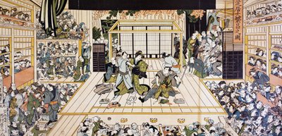 Kabuki theateruitvoering in Edo, ukiyo-e kunstprint door Utagawa Kunimaru (1794-1829), houtsnede, Japanse beschaving, Edo periode door Utagawa Kunimaru