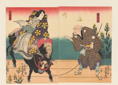 Boer begeleidt hoveling op zwarte os door Utagawa Kunisada (I)