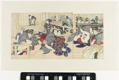 Liefdesparen op terras in winter door Utagawa Kunisada (I)