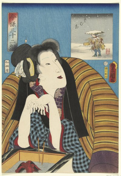 Vrouw, de handen warmend bij een hibachi door Utagawa Kunisada (I)