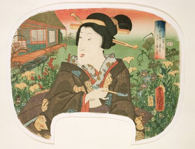 Herfst, Hanayashiki: Een geisha met een pijp, ontwerp voor een waaier uit een set van vier die de seizoenen illustreren door Utagawa Kunisada