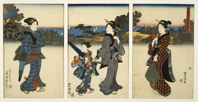 Courtisanes wandelend bij de zee door Utagawa Kunisada