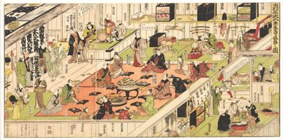 Een uitverkochte voorstelling wordt achter de schermen gevierd in het Nakamura-kabukitheater door Utagawa Kunisada