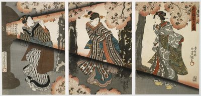 Nachtelijke scène met meisjes en lantaarns door Utagawa Kunisada