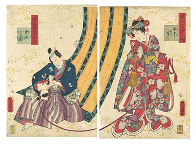 Parodie van de Derde Prinses en Kashiwagi: Hoofdstuk 50: Een Hut in het Oosten, 1858, tweede maand door Utagawa Kunisada