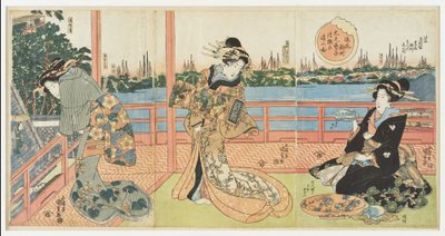 Shinmachi in Osaka: hooggeplaatste courtisanes vermaken zich in restaurant Ukamuse, uit de serie "Beroemde restaurants in de provincies" door Utagawa Kunisada