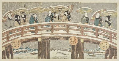Wintertafereel met een veelbelovende processie van acteurs door Utagawa Kunisada
