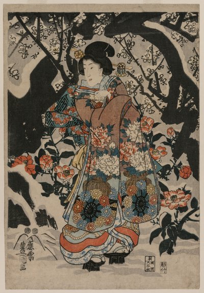 Vrouw staand naast een pruimenboom, ca. 1850 door Utagawa Kunisada