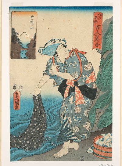 Vrouw wast stof in een stroom door Utagawa Kunisada