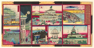Acht Moderne Zichten op Beroemde Plaatsen in Tokio van Groot Japan (Dai Nippon Tokyo kaika meisho hakkei no zu) door Utagawa Kunisada II