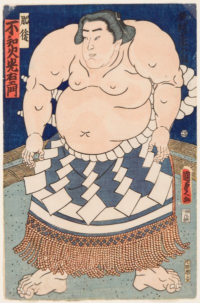 Portret van de sumoworstelaar Shiranui Mitsuemon met een ritueel schort door Utagawa Kunisada II