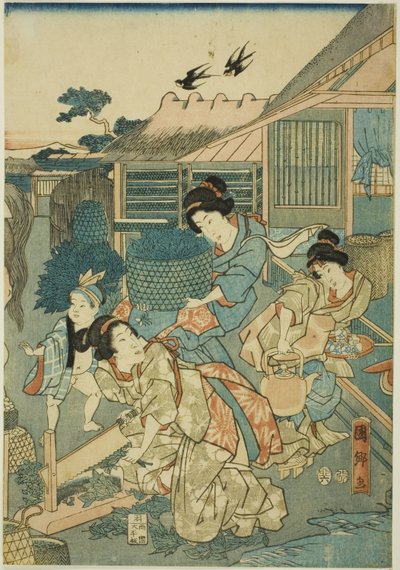 Grote voorspoed in de zijdeboerderij (Kaikoya Daihanjono Zu) door Utagawa Kunisato