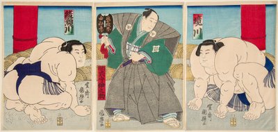 Gevecht van de sumoworstelaars Shakaigawa en Ayasemawa door Utagawa Kuniteru