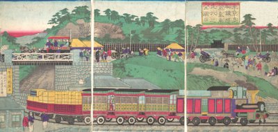 Illustratie van een stoomlocomotief die rijdt op de Takanawa-spoorweg in Tokio, ca. 1873 door Utagawa Kuniteru
