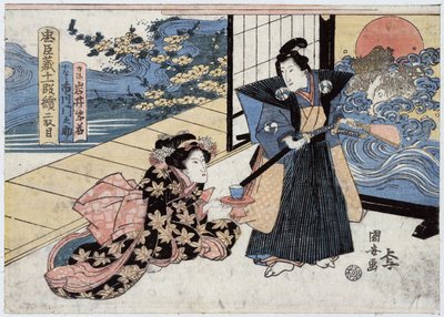Japan, akte II van Chushingura, verhaal van de 47 Ronin (of 47 Samurai): Rikiya, met zwaard en waaier, staat naast Konami, geknield op de grond, biedt hem een kopje thee aan, gravure door Utagawa Kuniyasu door Utagawa Kuniyasu
