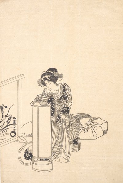 Jonge vrouw leunend over een hoge lamp door Utagawa Kuniyasu