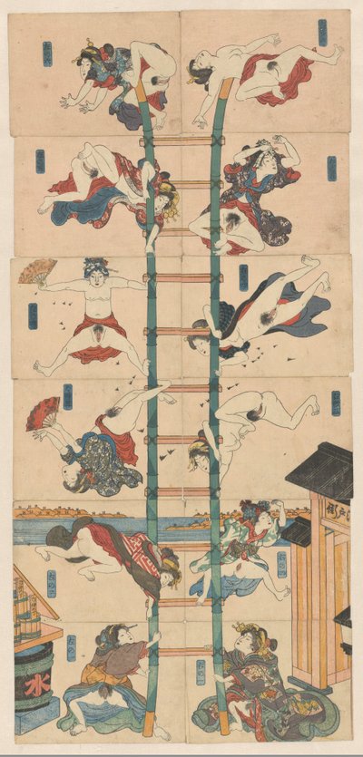 Serie van twaalf koban Shunga met prostituees in de rol van acrobatische brandweerlieden door Utagawa Kuniyoshi (school of)