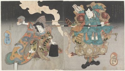 (Krijger en vrouw met apenmasker), ca. 1843-1847 door Utagawa Kuniyoshi