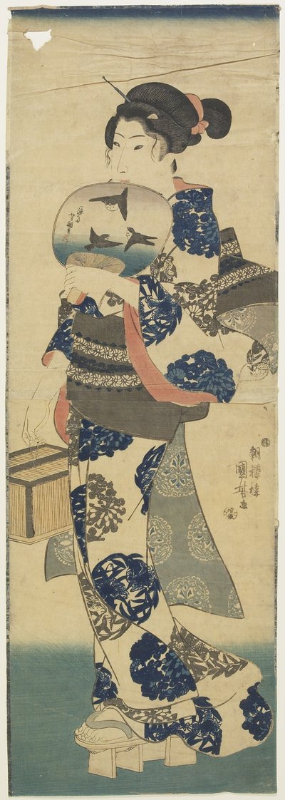 (Vrouw met Waaier en Krekelkooi), 1843-1847 door Utagawa Kuniyoshi