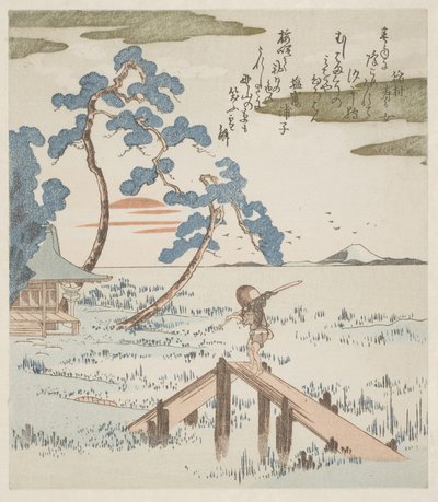 Een boer steekt een voetbrug over door Utagawa Kuniyoshi