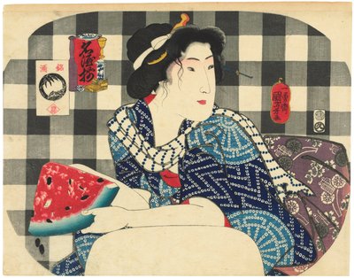 Een vrouw die een plak watermeloen vasthoudt, uit de serie Beroemde Merken van Sake (Meishu zoroi) door Utagawa Kuniyoshi